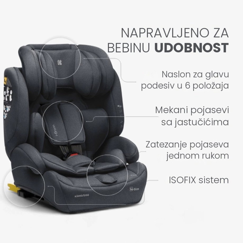 Autosedište I-BRONN I-SIZE – naslon za glavu u 6 položaja, mekani pojasevi, zatezanje jednom rukom, ISOFIX