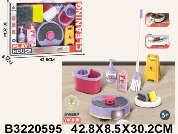 3220595-600x450 Set igračka za čišćenje: ljubičasti robot usisivač, kofa sa mopom, bočice i žuti znak