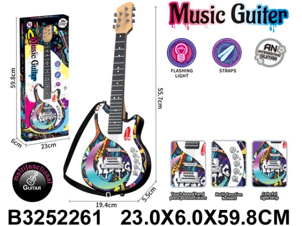3252261-600x450 Šarena gitara igračka sa grafičkim motivom, dugmadima i crnim kaišem