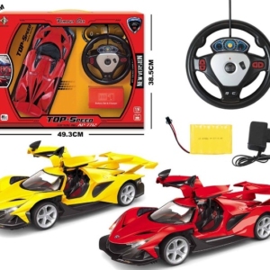 Crveni i žuti sportski auto na daljinsko upravljanje sa upravljačem u obliku volana