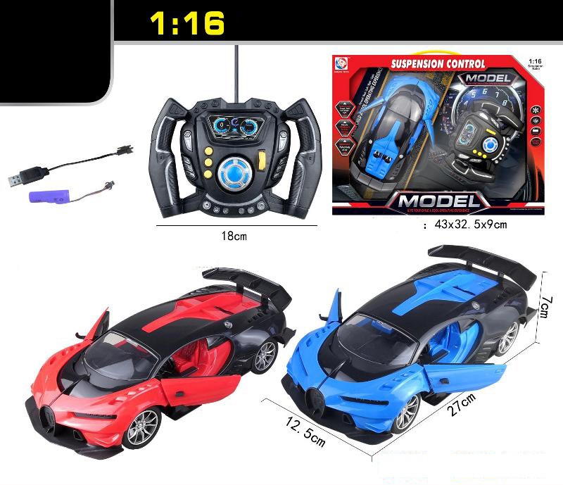 Auto R/C 1:16 Crveni i plavi sportski auto na daljinsko upravljanje u razmeri 1:16 sa upravljačem u obliku volana