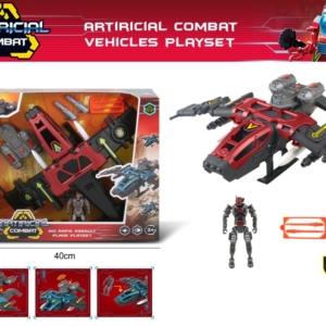Crveno-crni borbeni avion sa robotskom figurom i dva projektila