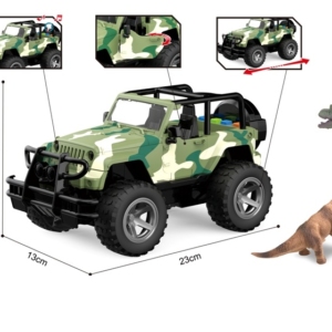 Džip terenac u maskirnim bojama sa dve figure dinosaurusa i drvetom