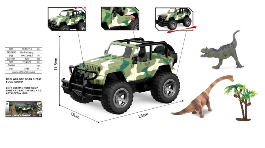 Džip terenac u maskirnim bojama sa dve figure dinosaurusa i drvetom