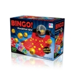 Kutija društvene igre Bingo sa crvenim postoljem, bubnjem i žutim kuglicama