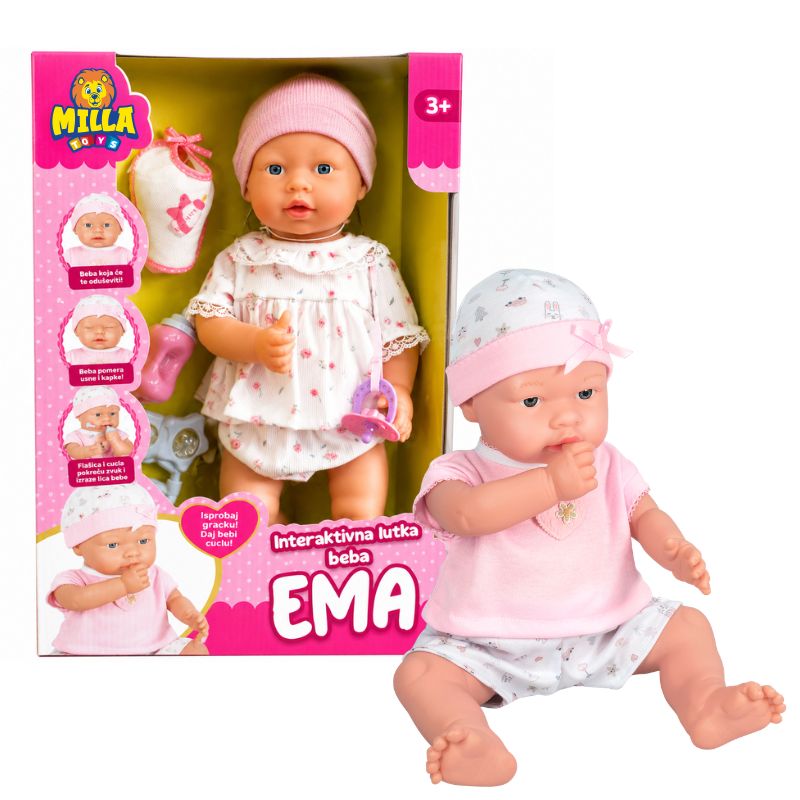 Interaktivna lutka beba Ema Interaktivna lutka beba Ema u roze kapici sa flašicom i cuclom