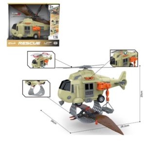HELIKOPTER SA ZVUKOM I SVETLOM ZA PREVOZ DINOSAURUSA 1:16 WY752A Bež igračka helikopter sa mrežom u kojoj se nosi dinosaurus, kukom i korpom