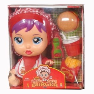 Lutka Funny Baby Burger G-07 u crvenoj kuvarskoj kapi sa hamburgerom i pomfritom