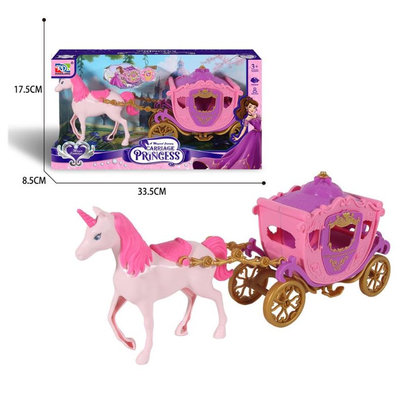 Roze kočija sa belo-roze jednorogom u zlatnim detaljima
