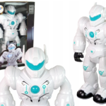 Beli robot na baterije sa tirkiznim detaljima i svetlećim očima