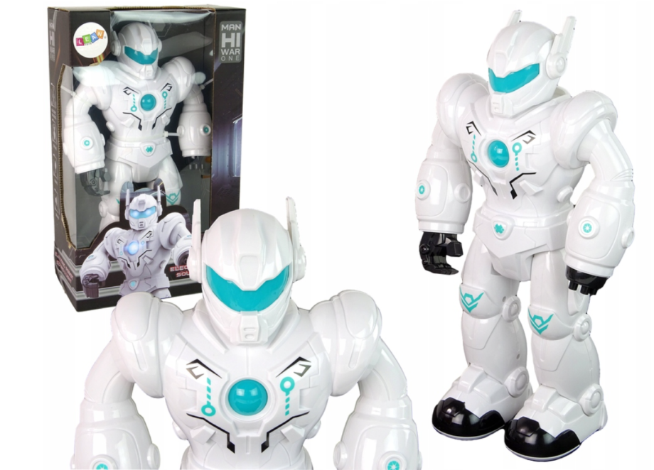 Beli robot na baterije sa tirkiznim detaljima i svetlećim očima