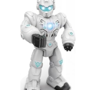 Beli robot na baterije sa svetlećim očima i grudima