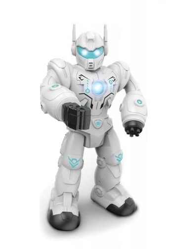 Beli robot na baterije sa svetlećim očima i grudima