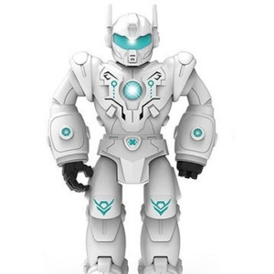 Beli robot na baterije sa tirkiznim detaljima, pogled sa prednje strane