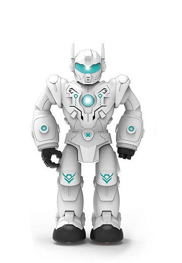Beli robot na baterije sa tirkiznim detaljima, pogled sa prednje strane